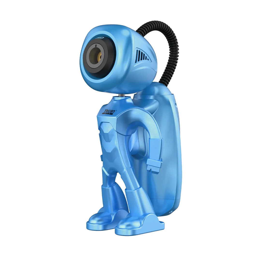 Full body shot of a blue robot-shaped butane utility torch with a flexible black hose connecting its head to its back, standing upright.