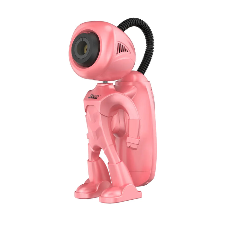 A pink robot-shaped butane utility torch with a black flexible tube connecting its head to its body, standing upright.