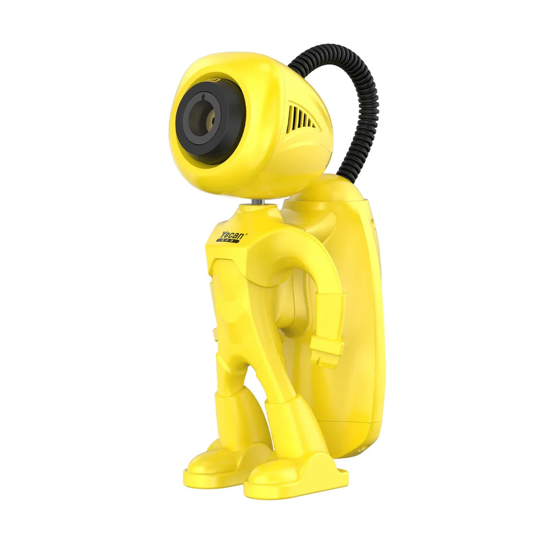A bright yellow butane utility torch shaped like a stylized robot or character, featuring a black flexible hose on its back and a lens-like nozzle on its head. The 'Yocan' logo is visible on its chest.
