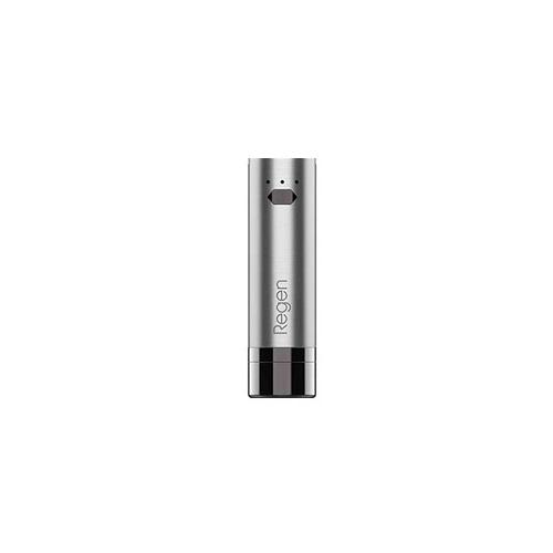 A sleek, silver cylindrical vape battery stands upright, featuring a central button and two small indicator lights near the top, with 'Regen' text printed vertically on its side.