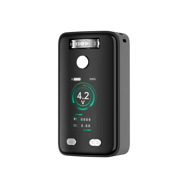 Close-up of a black rectangular vaporizer mod device with a digital screen displaying '4.2 V', battery icon, '100%', 'P: 0086', and 'Ω: 0.00'.