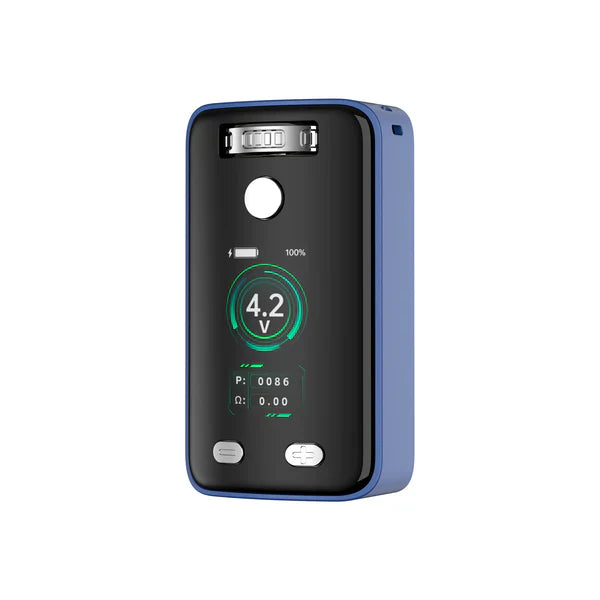 Front view of a compact blue and black vaporizer mod, showcasing its digital display with '4.2 V', 'P: 0086', 'Ω: 0.00', and a 100% battery indicator. It features a circular fire button and two adjustment buttons.