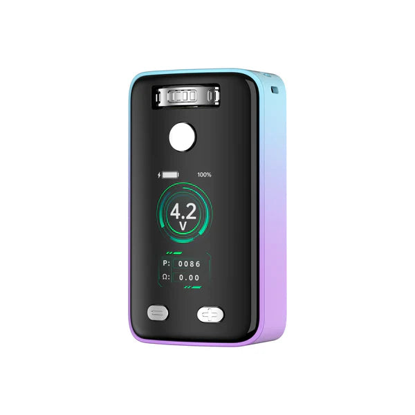 Close-up of a compact vaporizer mod device with a vibrant blue to purple gradient casing, showcasing its illuminated digital display with 4.2V, 100% battery, and 0086 power readings.