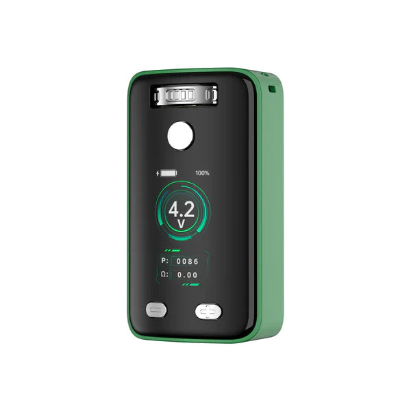 Front view of a green compact vaporizer mod device with a black screen displaying '4.2 V', battery icon, '100%', 'P: 0086', and 'Ω: 0.00', with control buttons below.