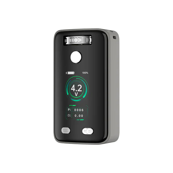 Front view of a compact, dark gray vaporizer mod with a bright digital screen displaying 4.2V, 100% battery, power, and resistance readings, against a white background.