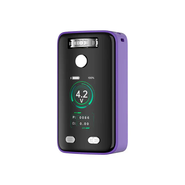 A close-up, front-facing shot of a compact, rectangular vaporizer mod with a vibrant purple casing and a black screen displaying '4.2 V', '100%', 'P: 0086', and 'Ω: 0.00'.