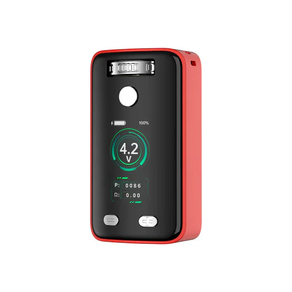 Front view of a red and black compact vaporizer mod, displaying a digital screen with '4.2 V', 'P: 0086', and battery status.