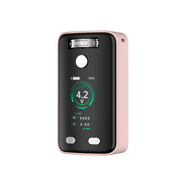 Close-up of a light pink Yocan UNI 3.0 Plus compact vaporizer mod, showcasing its black digital screen with '4.2 V', 'P: 0086', and 'Ω: 0.00' displayed, along with battery and percentage indicators.