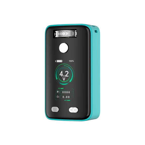Front view of a teal compact vaporizer mod, displaying a screen with 4.2V, battery level, power, and resistance readings, with control buttons visible.