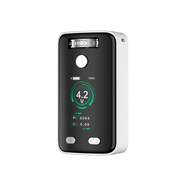 A white and black rectangular vaporizer mod device with a digital screen displaying '4.2 V', a full battery icon with '100%', 'P: 0086', and 'Ω: 0.00'. It features a circular button above the screen and two smaller buttons below.