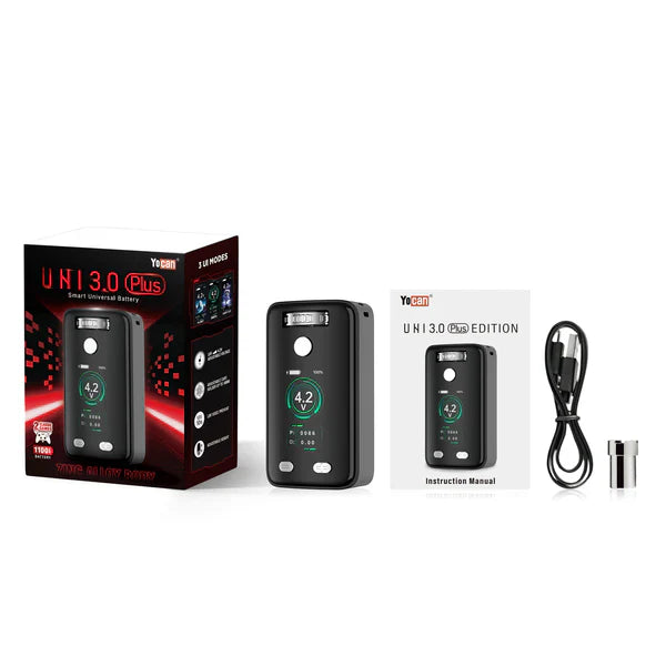 Full kit shot of a black Yocan UNI 3.0 Plus vaporizer, its retail box, instruction manual, charging cable, and a metal adapter, all displayed on a white background.