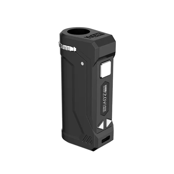 A black, rectangular vaporizer battery with a digital screen displaying '2.0V', control buttons, and a top opening, shown from a slight angle on a white background.