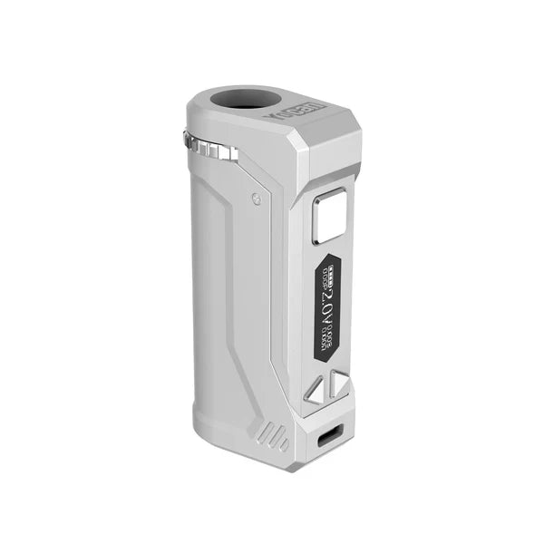 A light gray Yocan UNI Pro 2025 Edition cartridge battery, shown from an angled perspective, featuring a digital display and control buttons.