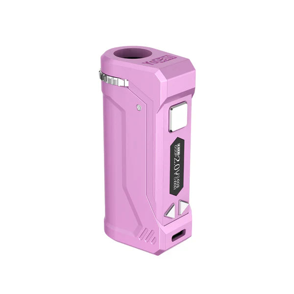A close-up, angled view of a pink Yocan UNI Pro 2025 Edition cartridge battery, highlighting its digital screen displaying '2.0V', control buttons, and USB-C port.