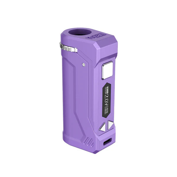 A purple Yocan UNI Pro 2025 Edition cartridge battery is shown from an angled perspective, highlighting its digital display, control buttons, and top cartridge slot.
