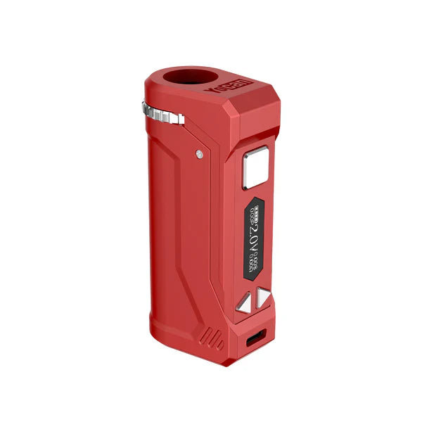 A vibrant red Yocan UNI Pro 2025 Edition cartridge battery, shown from a slight angle, highlighting its digital screen, control buttons, and textured side panels. This is a detail shot of the device.