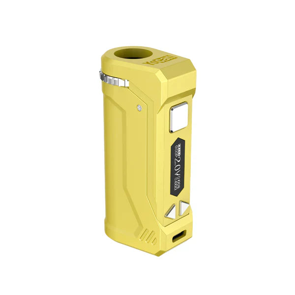Close-up, angled view of a bright yellow Yocan UNI Pro 2025 Edition vaporizer battery, showcasing its digital display and control buttons.