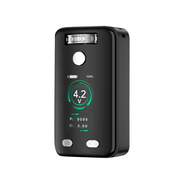 Front view of a black rectangular vaporizer with a digital screen displaying 4.2V, battery life, and other metrics.