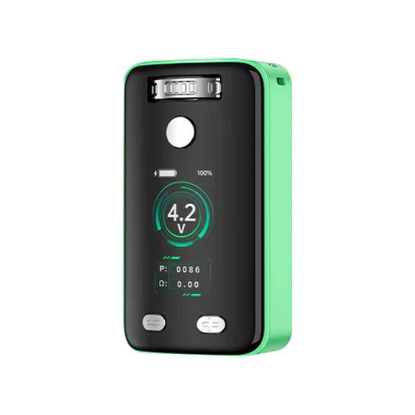Close-up front view of a green and black rectangular vaporizer, displaying a digital screen with '4.2 V' and battery life.