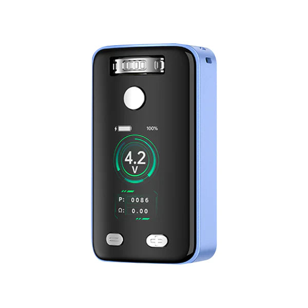 A light blue and black Yocan UNI 3.0 Adjustable Cartridge Vaporizer, shown from a slightly angled front view, displaying its screen with '4.2 V', 'P: 0086', and 'Ω: 0.00'.
