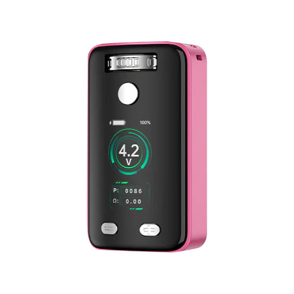 Close-up detail shot of a pink and black vaporizer, showcasing its digital screen displaying 4.2V and 100% battery, along with its control buttons.