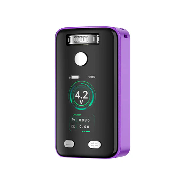 A purple Yocan UNI 3.0 adjustable cartridge vaporizer is shown from a slight angle, displaying its black screen with a digital readout of 4.2V, 100% battery, power, and resistance, along with a circular fire button and two adjustment buttons at the bottom. This is a detail shot focusing on the device's screen and controls.