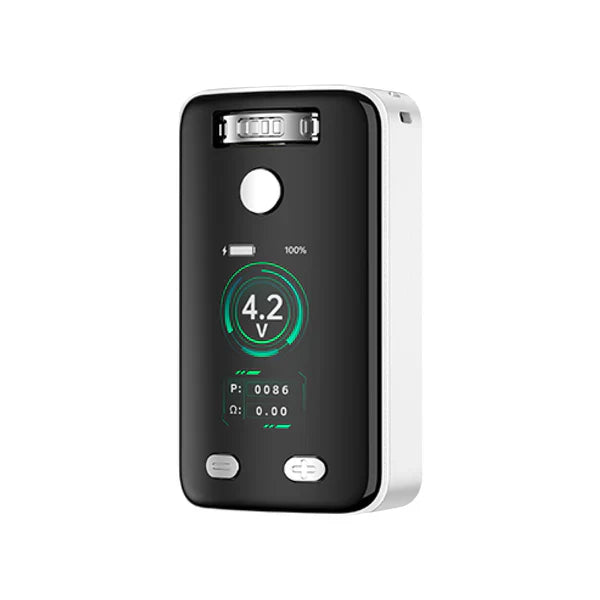 Close-up of a white and black rectangular vaporizer, showing its digital screen displaying '4.2 V', 'P: 0086', and 'Ω: 0.00', with a battery indicator at 100%.