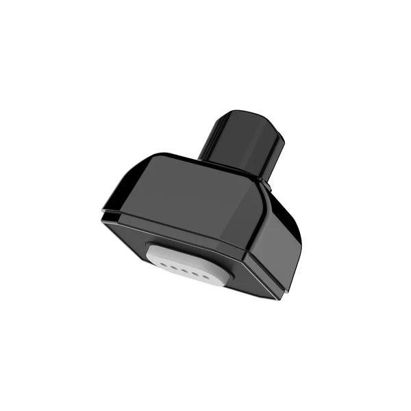 Close-up view of a black, rectangular vaporizer mouthpiece with a white base, angled slightly to the left, against a white background.