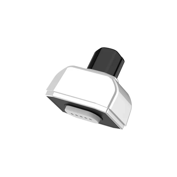 Angled close-up shot of a white and black vaporizer mouthpiece, showing the flat bottom with a white filter.