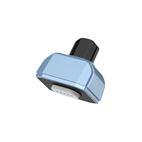Close-up, angled view of a light blue and black vaporizer mouthpiece accessory, featuring a white perforated base.
