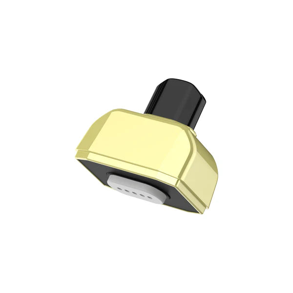 Close-up, angled view of a gold-colored vaporizer mouthpiece with a black top and a white, slotted base, against a white background.