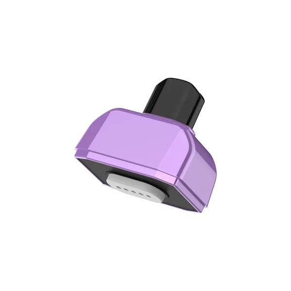 Angled close-up of a purple vaporizer mouthpiece, featuring a black tip and a white/light gray bottom insert, against a white background.