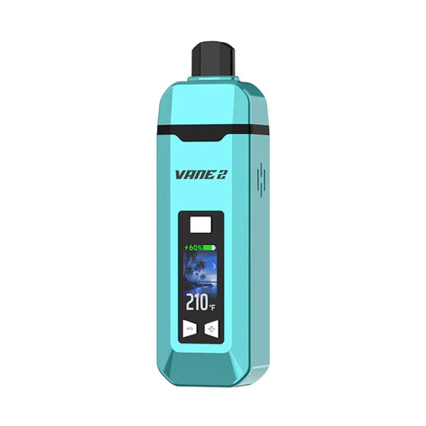 Front view of a light blue rectangular portable vaporizer with a black mouthpiece and a digital screen displaying battery life, temperature, and a beach scene.