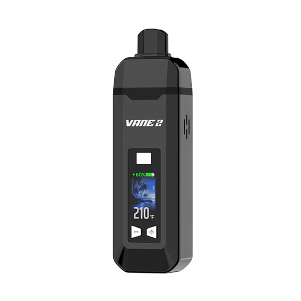 Close-up product shot of a black portable vaporizer with a rectangular body, featuring a screen displaying 'VANE 2', a battery icon at 60%, a tropical beach scene, and '210°F' temperature setting.