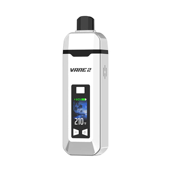 White rectangular vaporizer with a black mouthpiece and a screen displaying battery life, 210°F, and a beach scene graphic.