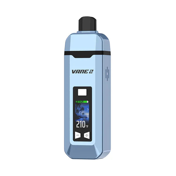 A light blue portable dry herb vaporizer, rectangular with rounded edges, featuring a black mouthpiece and a digital screen displaying battery life, a beach scene, and '210°F'.