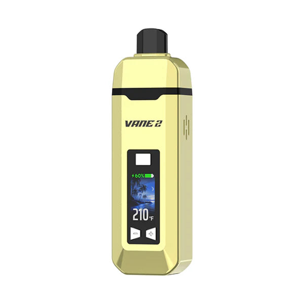 A gold rectangular portable vaporizer with a black mouthpiece and a screen displaying 'VANE 2', battery life, a beach scene, and '210°F'.