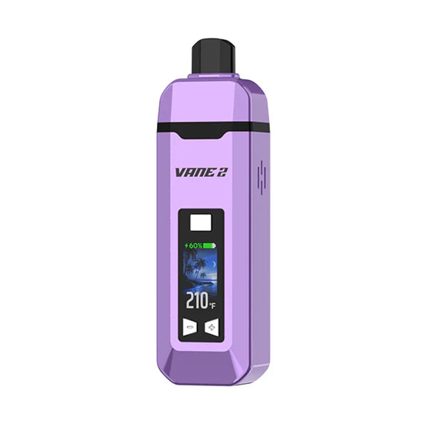 A purple rectangular portable dry herb vaporizer with a black mouthpiece and a screen displaying 'VANE 2', battery life, a beach scene, and '210°F'.