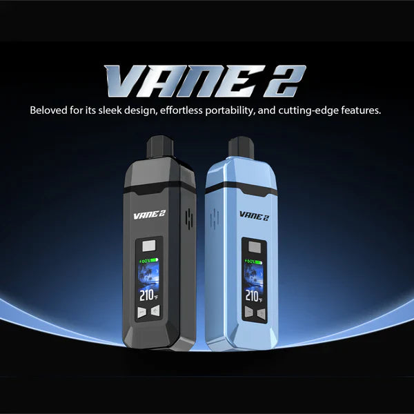 Two Yocan Vane 2 portable dry herb vaporizers, one black and one light blue, standing upright. Both devices display 'VANE 2' and '210' on their screens, highlighting color variants and screen details.