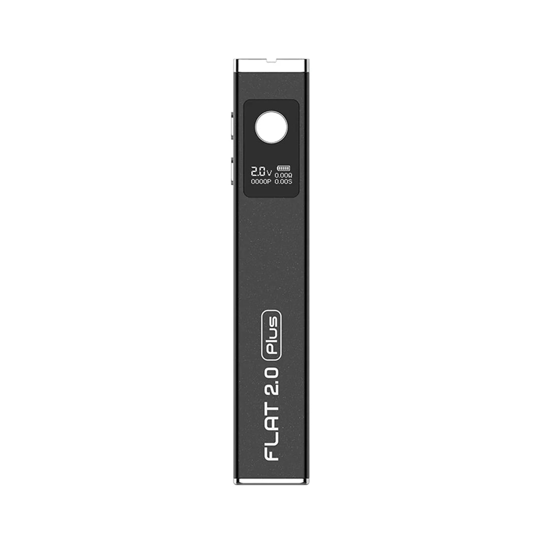 Close-up detail shot of a black, rectangular vaporizer battery with a small digital screen displaying '2.0V' and battery life, and 'FLAT 2.0 Plus' text vertically along its body.