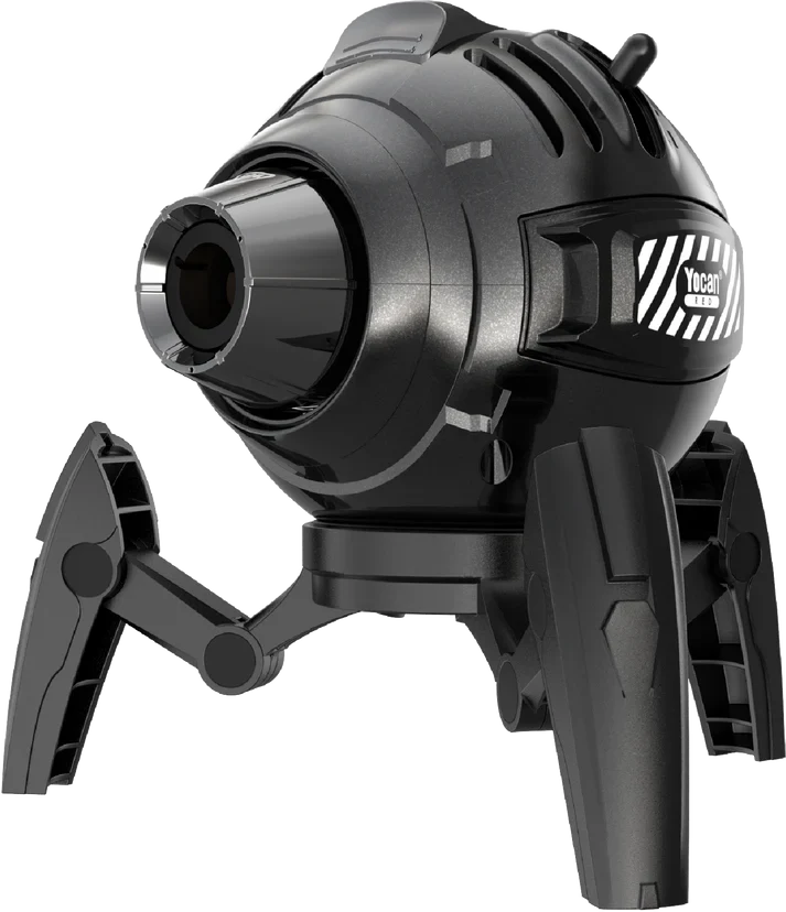 A black, spherical butane torch with four articulated legs, featuring a nozzle on the front and a 'Yocan Red' logo on the side, presented against a dark background.