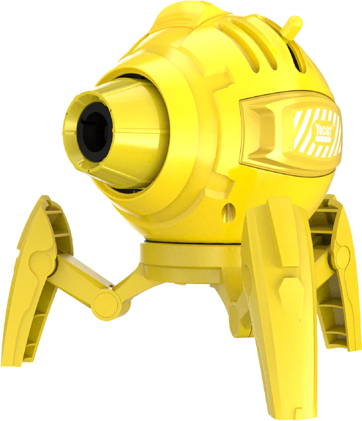 Full product shot of a yellow, spherical, spider-like butane torch with four articulated legs and a prominent nozzle, viewed from a slightly elevated angle.