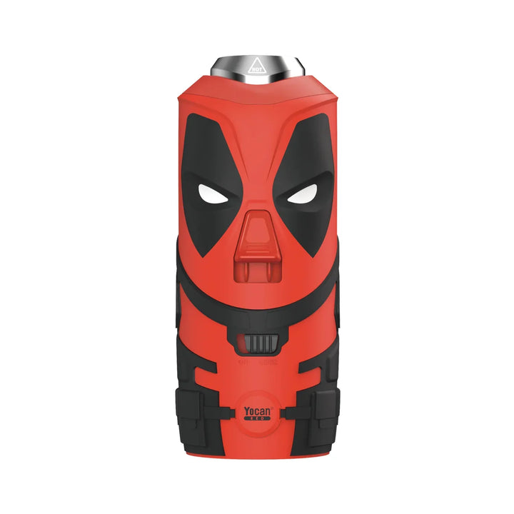 A red and black handheld torch designed with a cartoon superhero face, resembling Deadpool, standing upright against a white background.