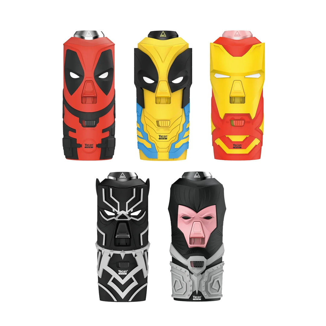 Close-up view of a black, vertical dispenser holding five white and green vaporizer crucibles, shown against a white background.