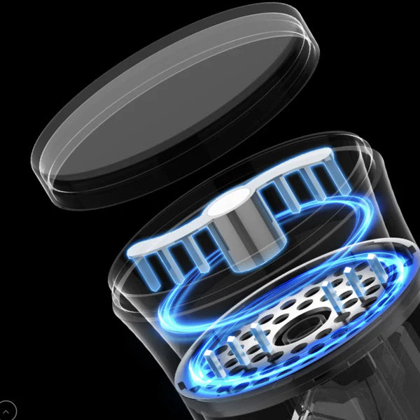 Detail shot of the internal mechanism of an electric dry herb grinder, showing transparent components with glowing blue light indicating movement or power.