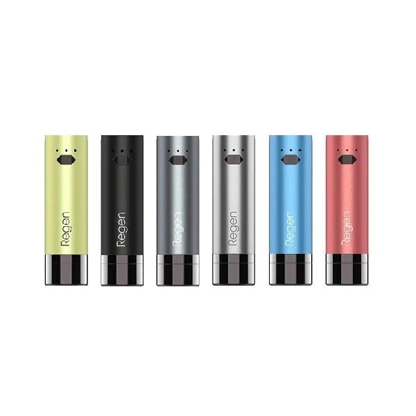Six cylindrical portable wax vape batteries in various colors: lime green, black, dark gray, silver, light blue, and rose gold, standing upright.