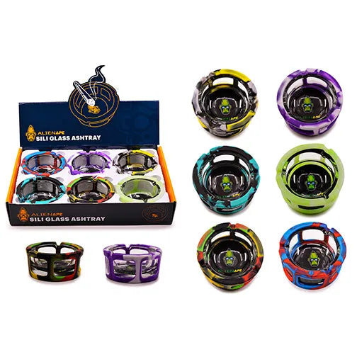 A display box containing six colorful round ashtrays with silicone sleeves, alongside several individual ashtrays in various vibrant patterns, all on a white background.