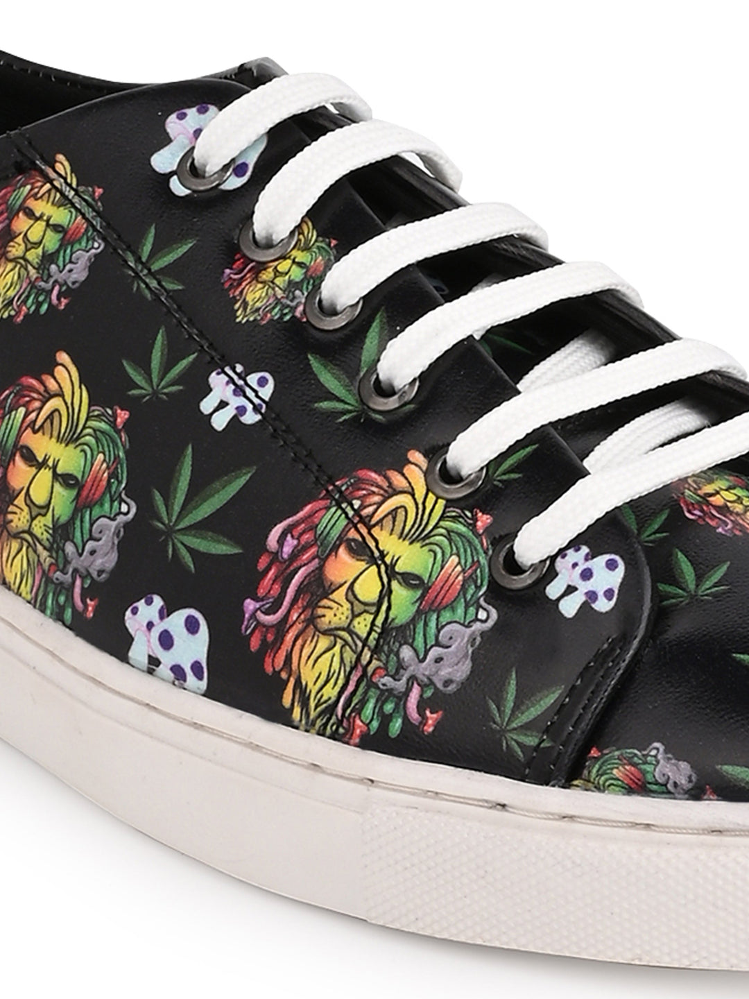 Deep Black Vegan Leather Shoes with Lion Design