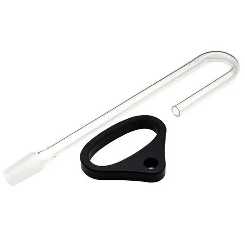 A clear glass U-shaped tube with a frosted male joint on one end, next to a black silicone ring with an irregular oval shape and a small circular hole.
