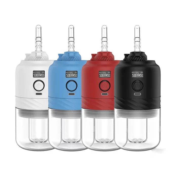 A two-tone pink and white glass hand pipe, designed in a disposable vape style, shown horizontally on a white background.